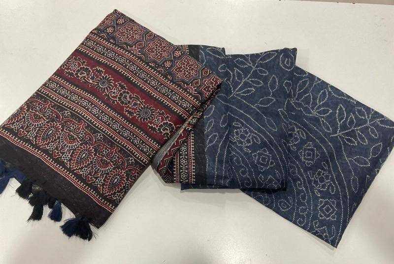 Linen digital ajrakh bandhani Designer sarees in Bhavnagar
