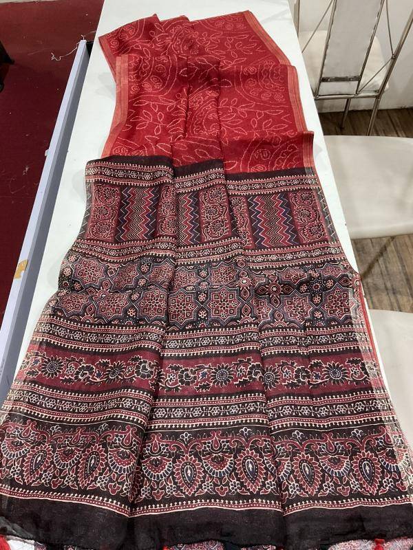 Linen digital ajrakh bandhani Designer sarees in Bhavnagar