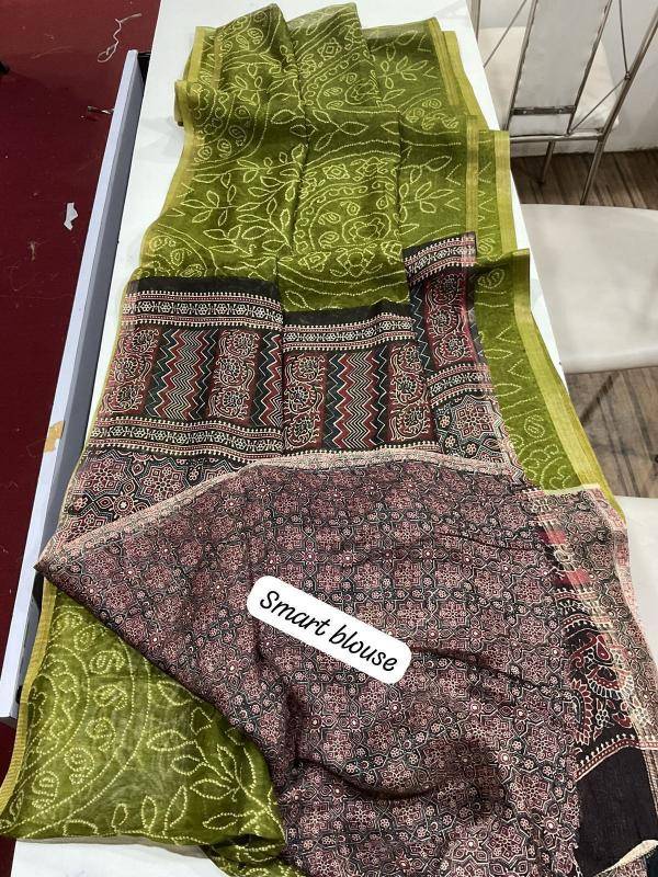 Linen digital ajrakh bandhani Designer sarees in Bhavnagar
