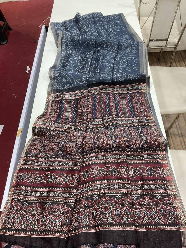 Linen digital ajrakh bandhani Designer sarees in Bhavnagar