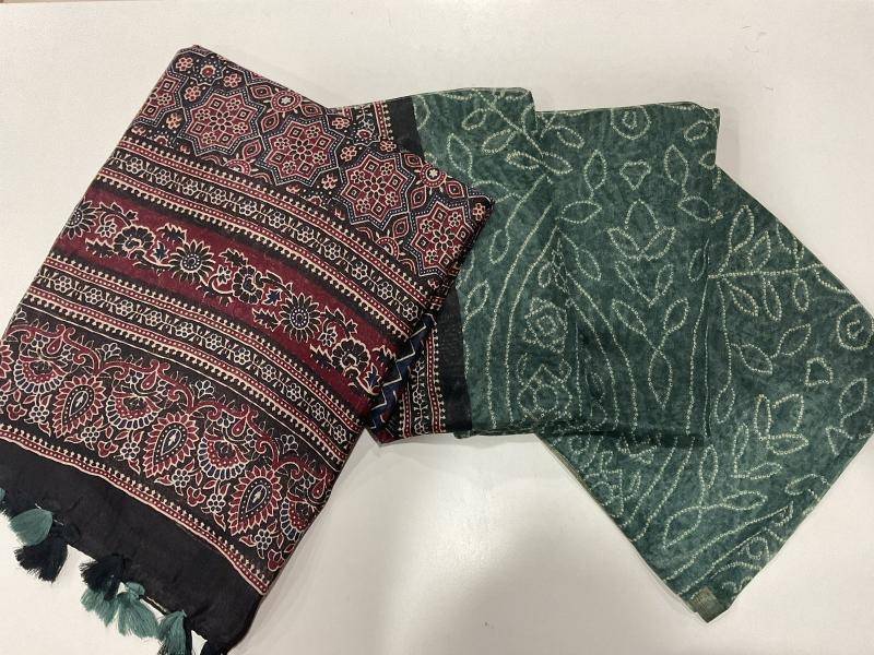 Linen digital ajrakh bandhani Designer sarees in Bhavnagar