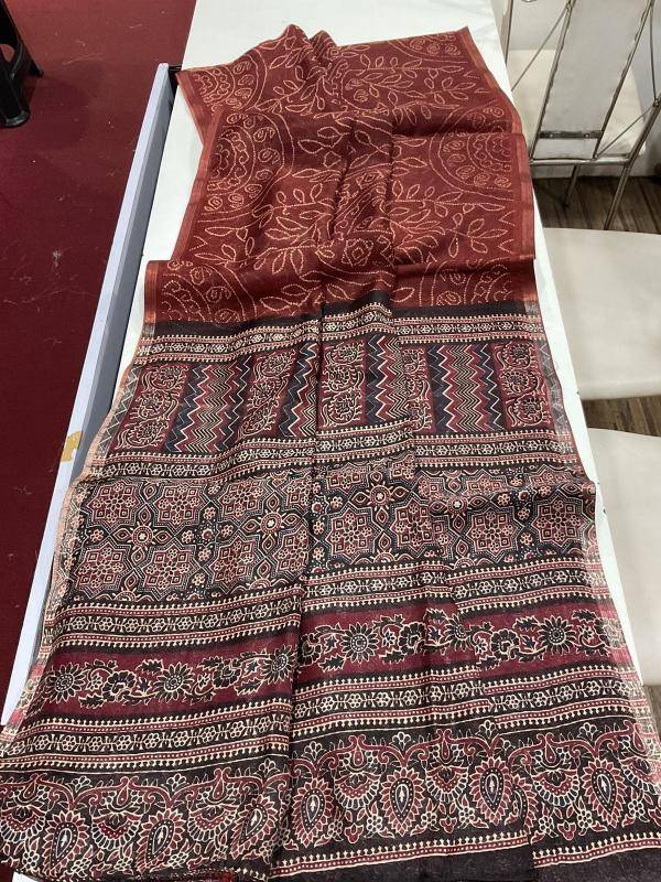 Linen digital ajrakh bandhani Designer sarees in Bhavnagar