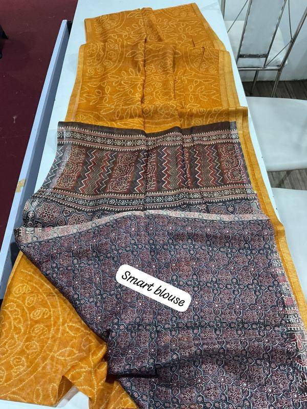 Linen digital ajrakh bandhani Designer sarees in Bhavnagar