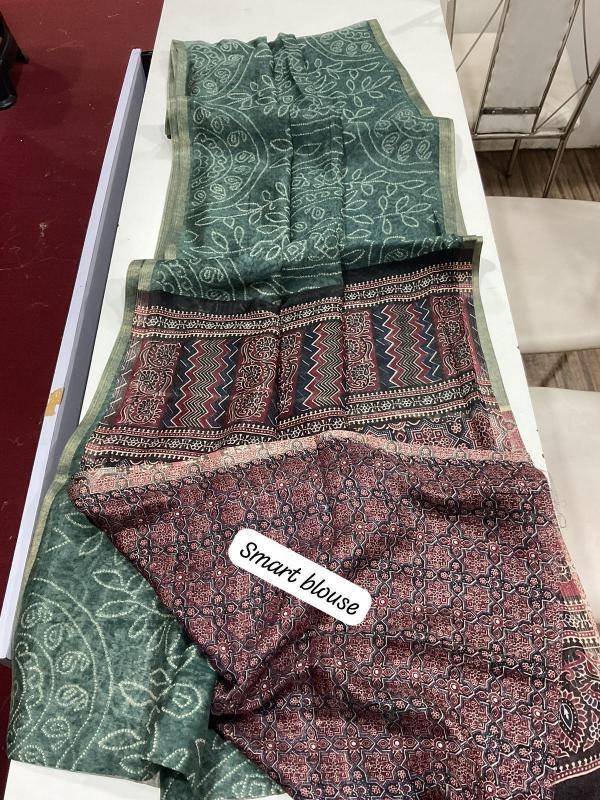 Linen digital ajrakh bandhani Designer sarees in Bhavnagar