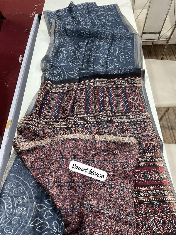 Linen digital ajrakh bandhani Designer sarees in Bhavnagar