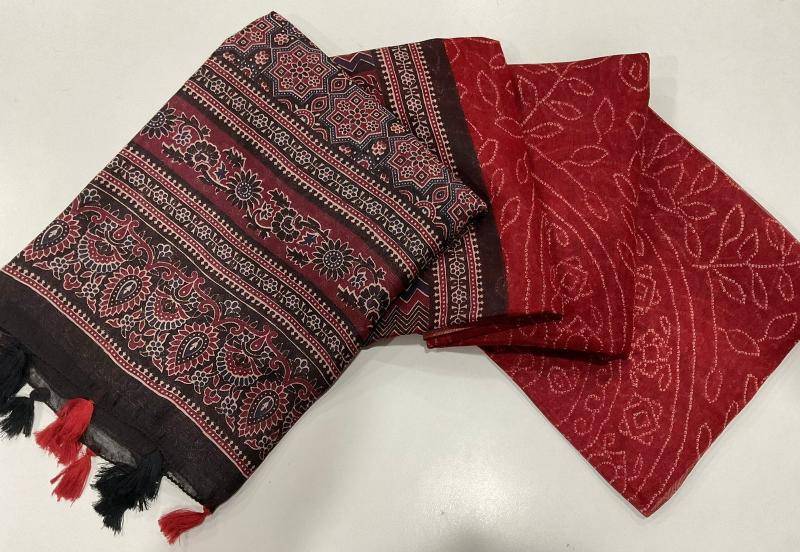 Linen digital ajrakh bandhani Designer sarees in Bhavnagar