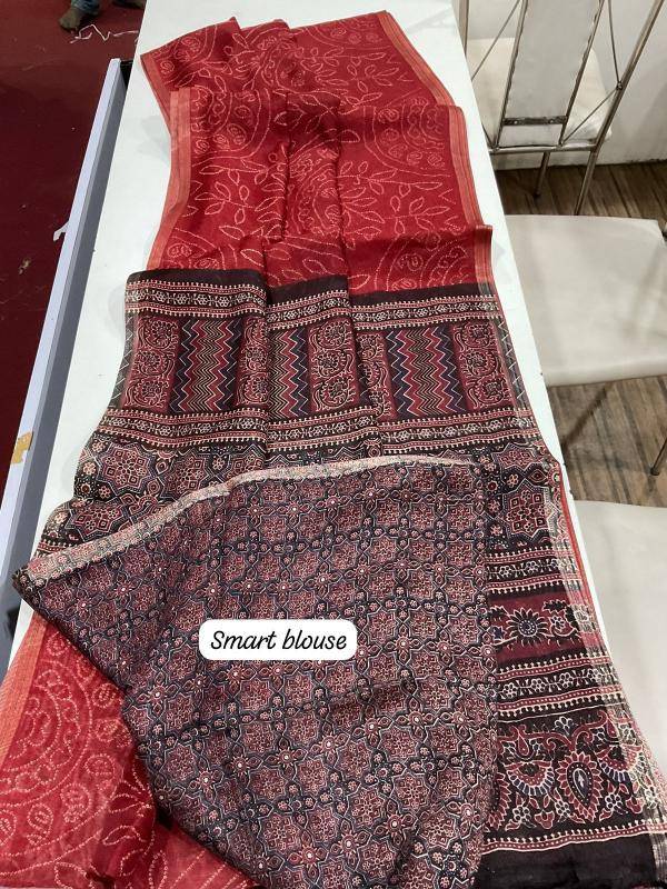 Linen digital ajrakh bandhani Designer sarees in Bhavnagar