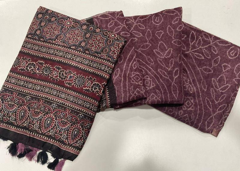 Linen digital ajrakh bandhani Designer sarees in Bhavnagar
