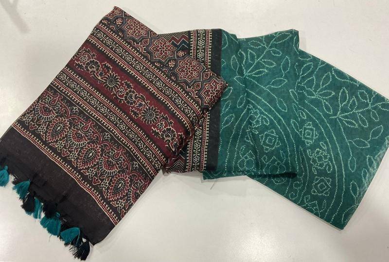 Linen digital ajrakh bandhani Designer sarees in Bhavnagar