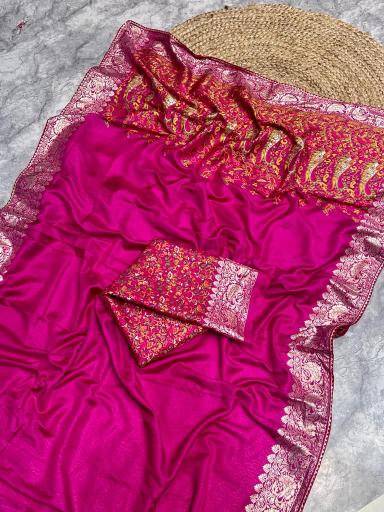 Pure kashmiri kadhai weaved russian cotton silk Wholesale saree suppliers in India