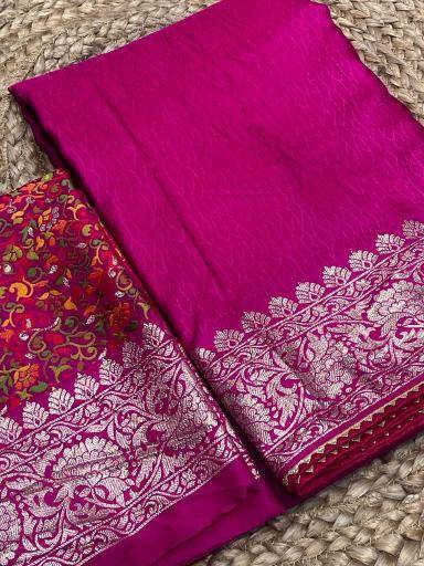 Pure kashmiri kadhai weaved russian cotton silk Wholesale saree suppliers in India