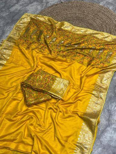 Pure kashmiri kadhai weaved russian cotton silk Wholesale saree suppliers in India