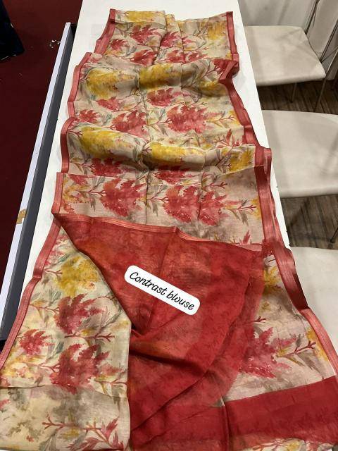 Handloom linen with floral digital print Bulk saree purchase