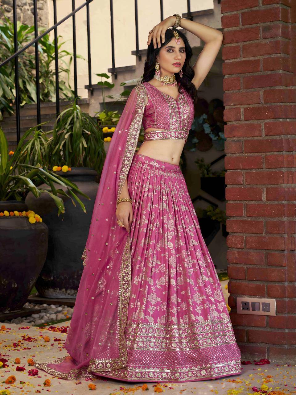 Zeel Clothing Dola Silk Jacquard Pink lehenga saree wholesale
