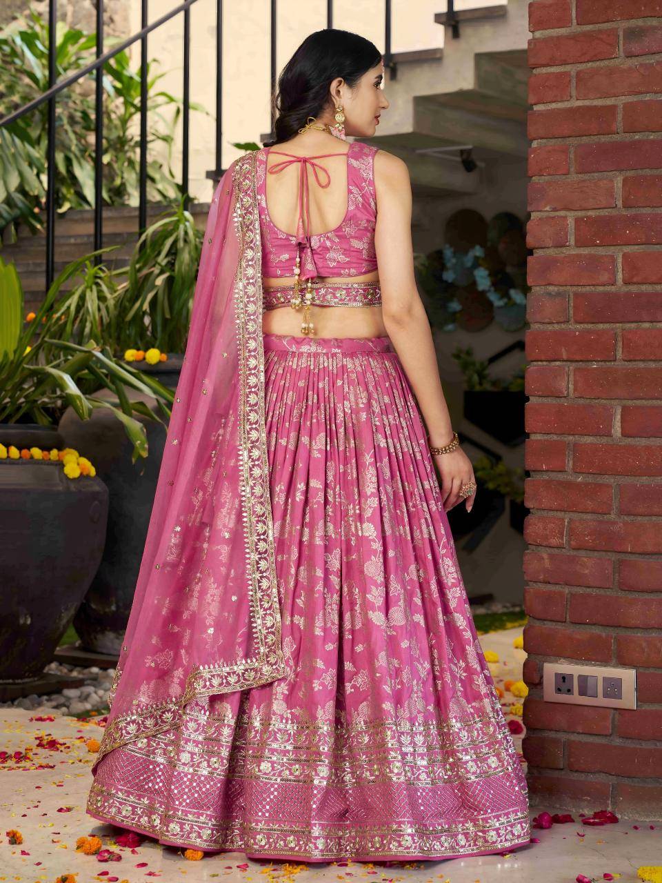 Zeel Clothing Dola Silk Jacquard Pink lehenga saree wholesale