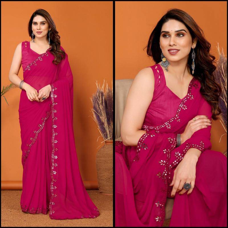 GC bright georgette with mirror work Wholesale Saree Suppliers