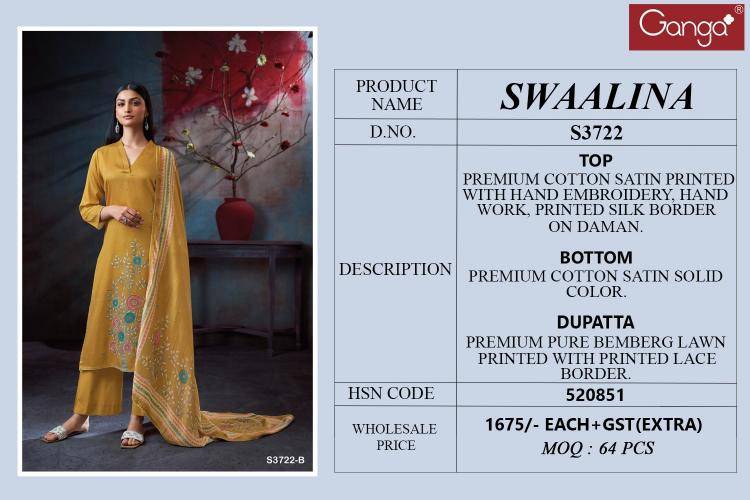 Ganga swaalina 3722 Indian dress material wholesale