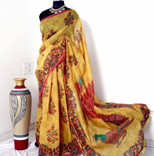 Akshara linen digital kalamkari Printed saree wholesale market