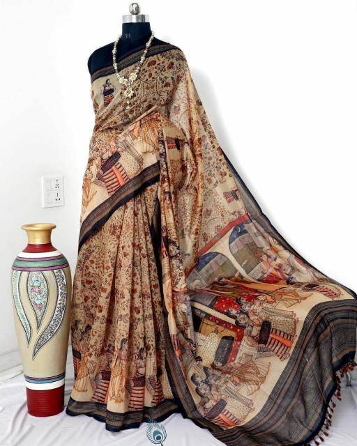 Akshara linen digital kalamkari Printed saree wholesale market