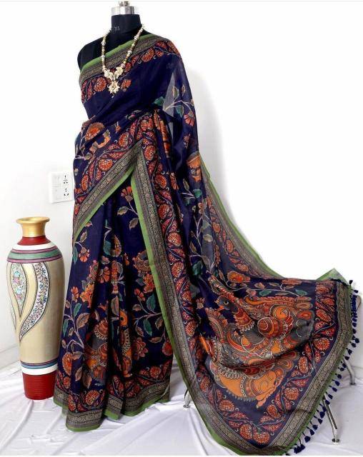 Akshara linen digital kalamkari Printed saree wholesale market