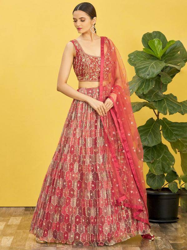 Zeel Clothing Organza Maroon Digital print lehenga choli in ahmedabad
