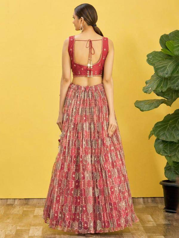 Zeel Clothing Organza Maroon Digital print lehenga choli in ahmedabad