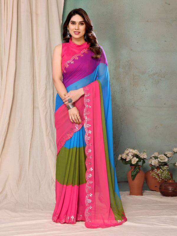 GC bright georgette with mirror work Designer sarees wholesale in Kolkata