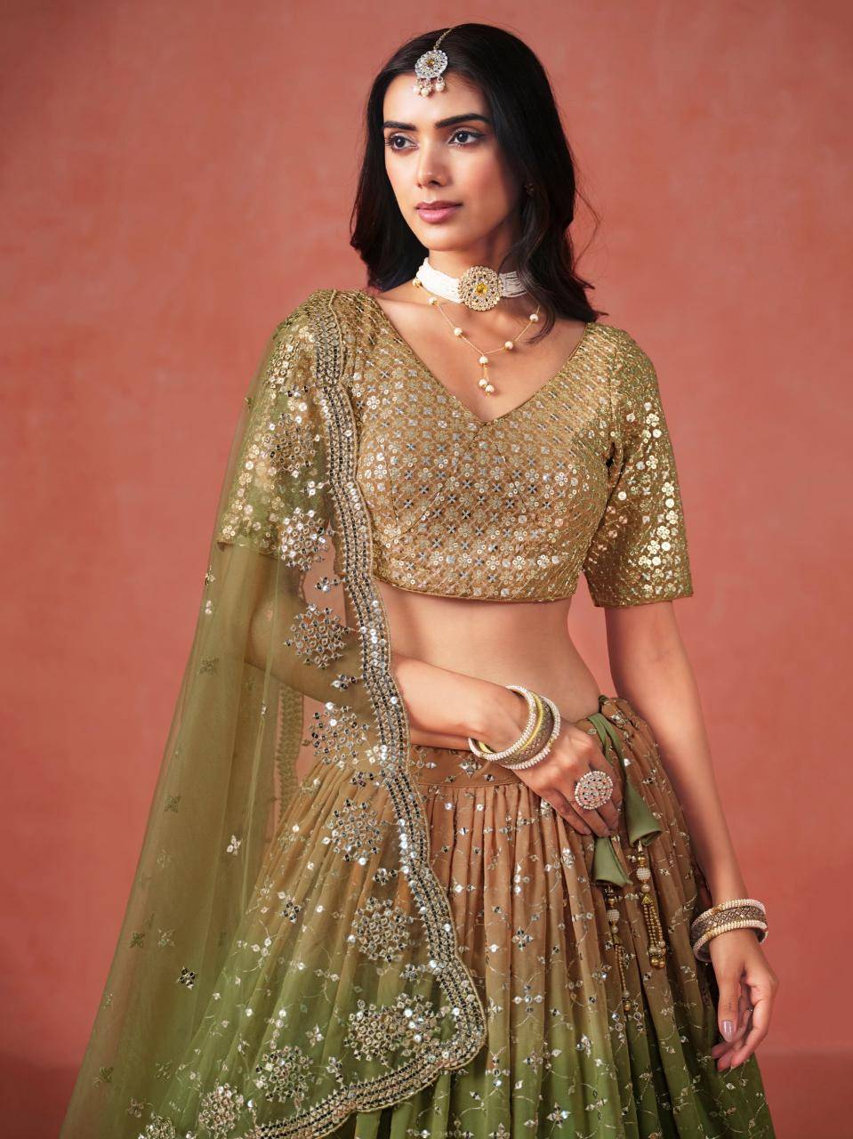 Ombre WEDDING Georgette Mehndi Latest Lehenga choli designs