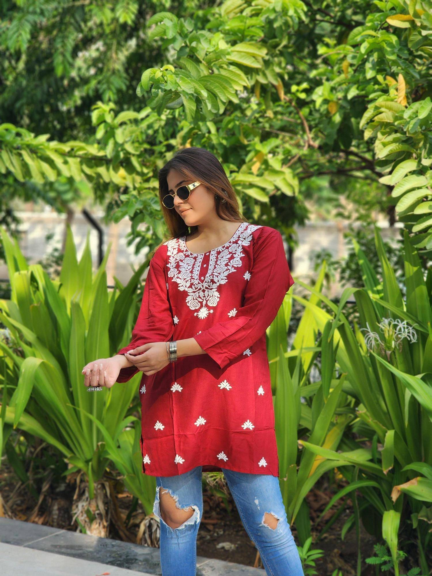 Shree salasar reyon embroidery work short tops Kurtis wholesale manufacturer