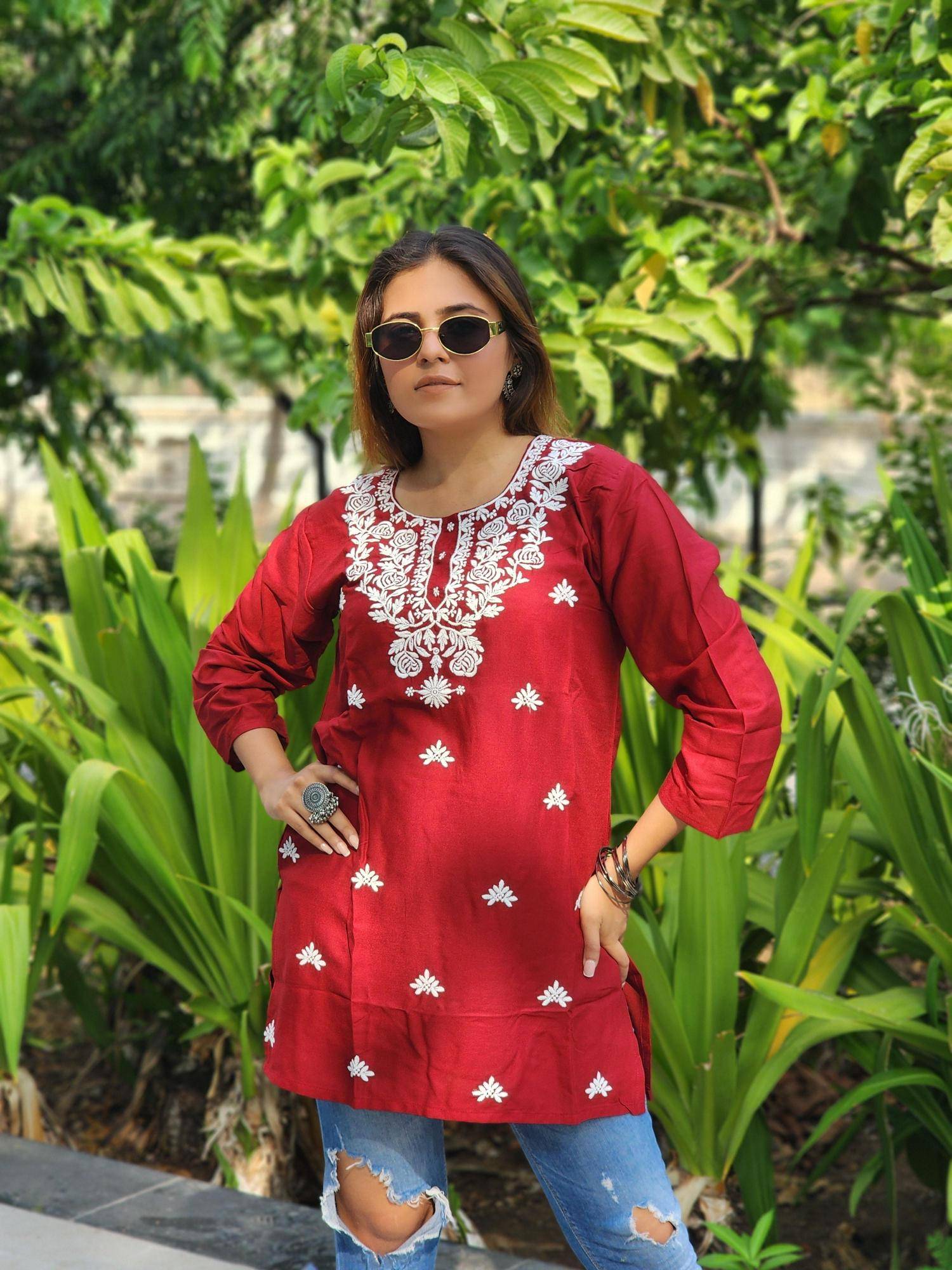 Shree salasar reyon embroidery work short tops Kurtis wholesale manufacturer