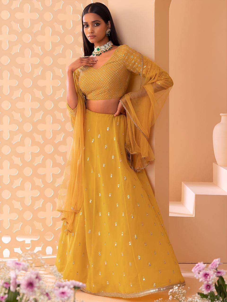 Glamourous Heavy Georgette Yellow Wholesale lehenga choli suppliers in India