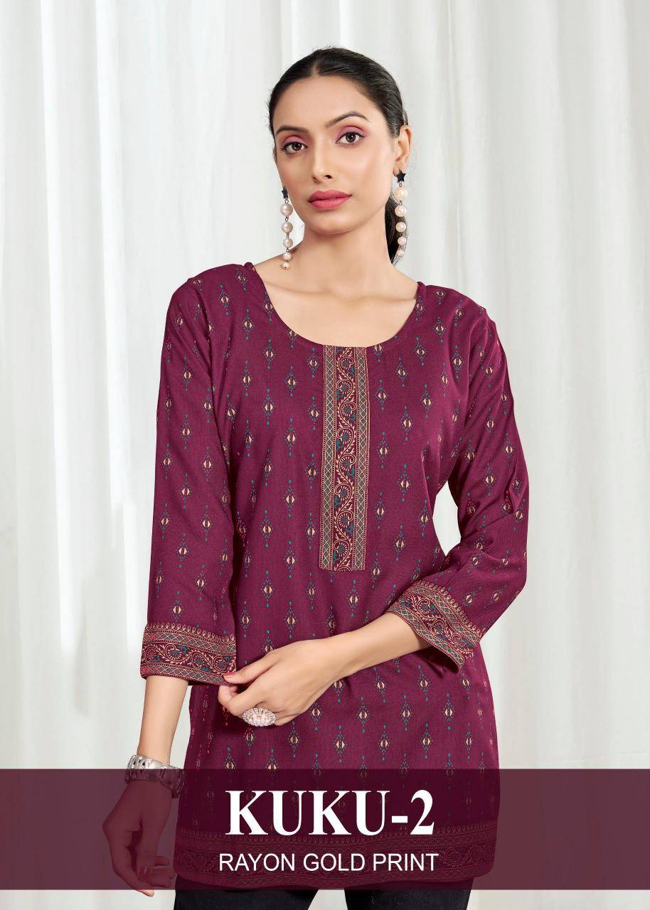 Kuku 2 rayon gold print Ladies kurtis wholesale market