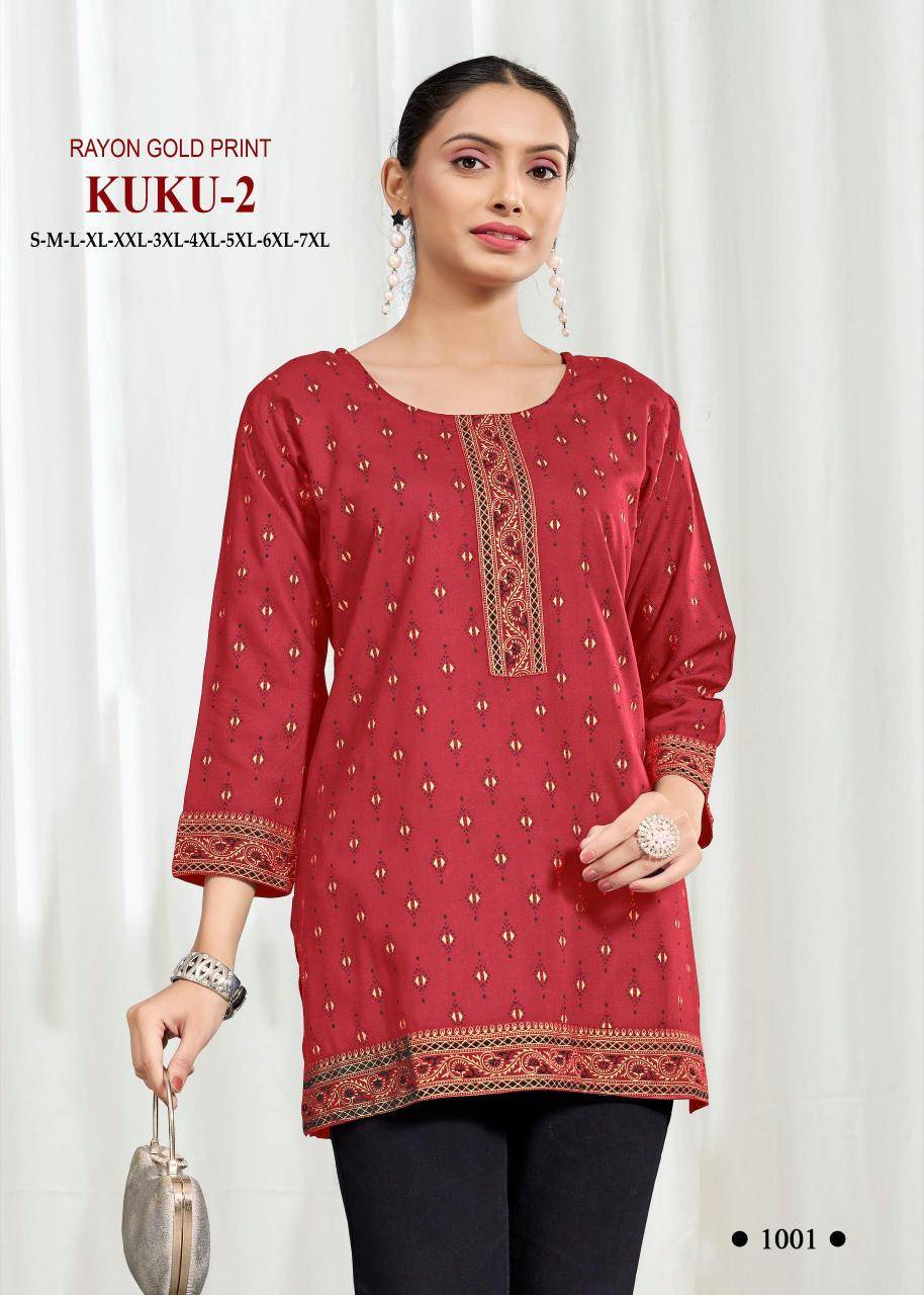 Kuku 2 rayon gold print Ladies kurtis wholesale market