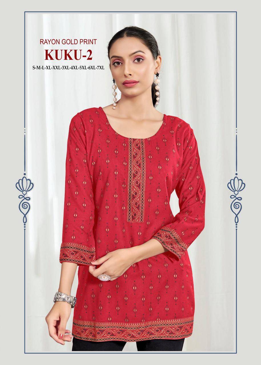 Kuku 2 rayon gold print Ladies kurtis wholesale market