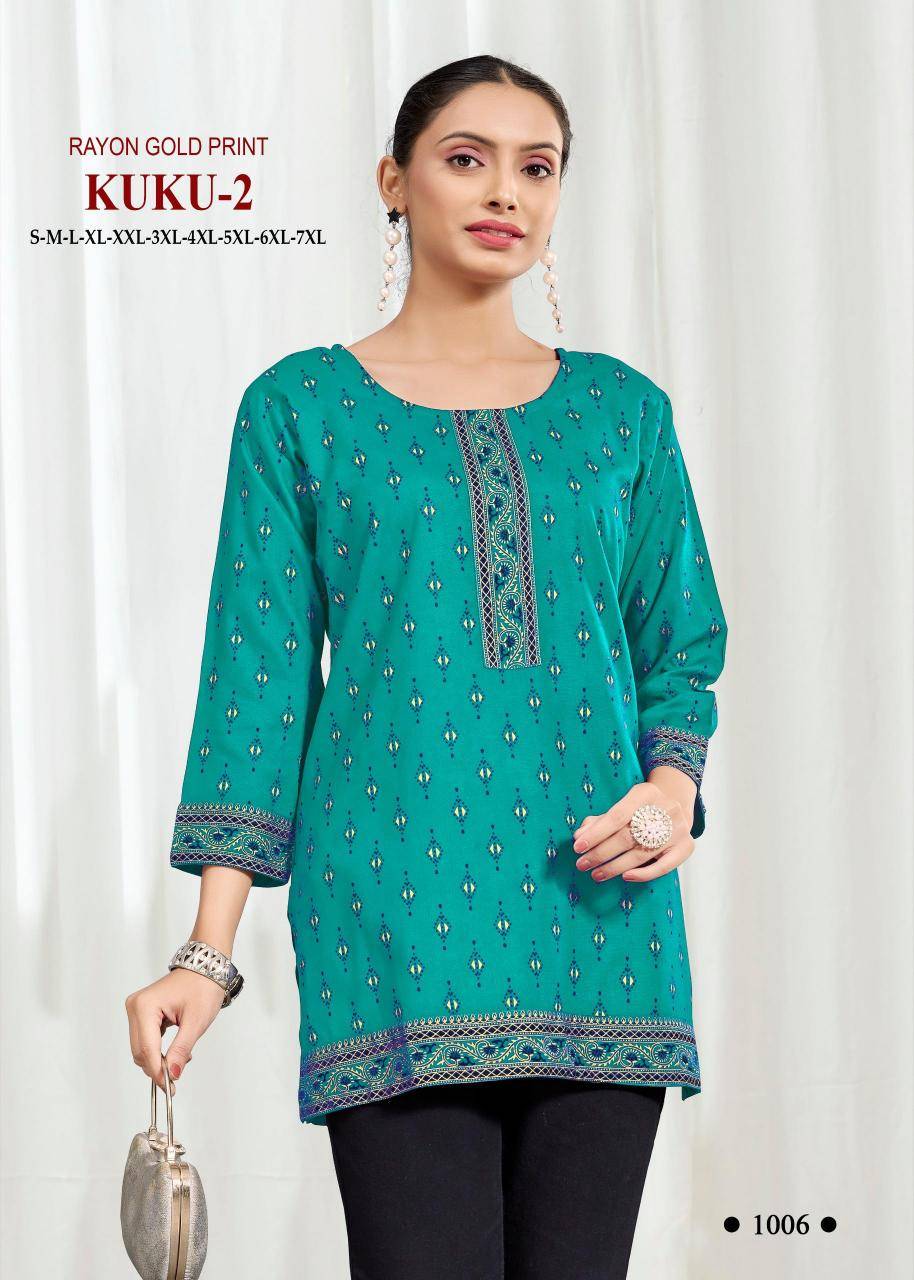 Kuku 2 rayon gold print Ladies kurtis wholesale market
