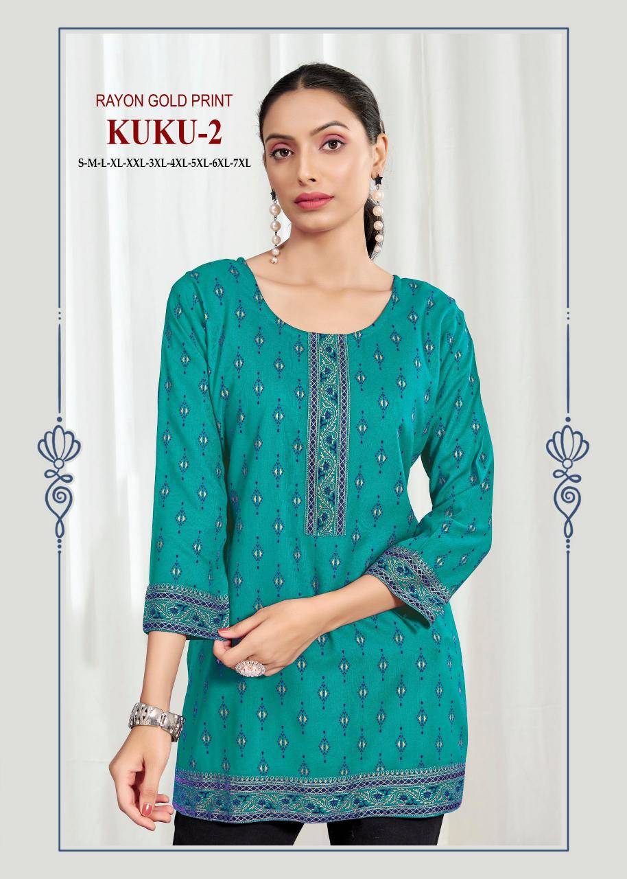Kuku 2 rayon gold print Ladies kurtis wholesale market