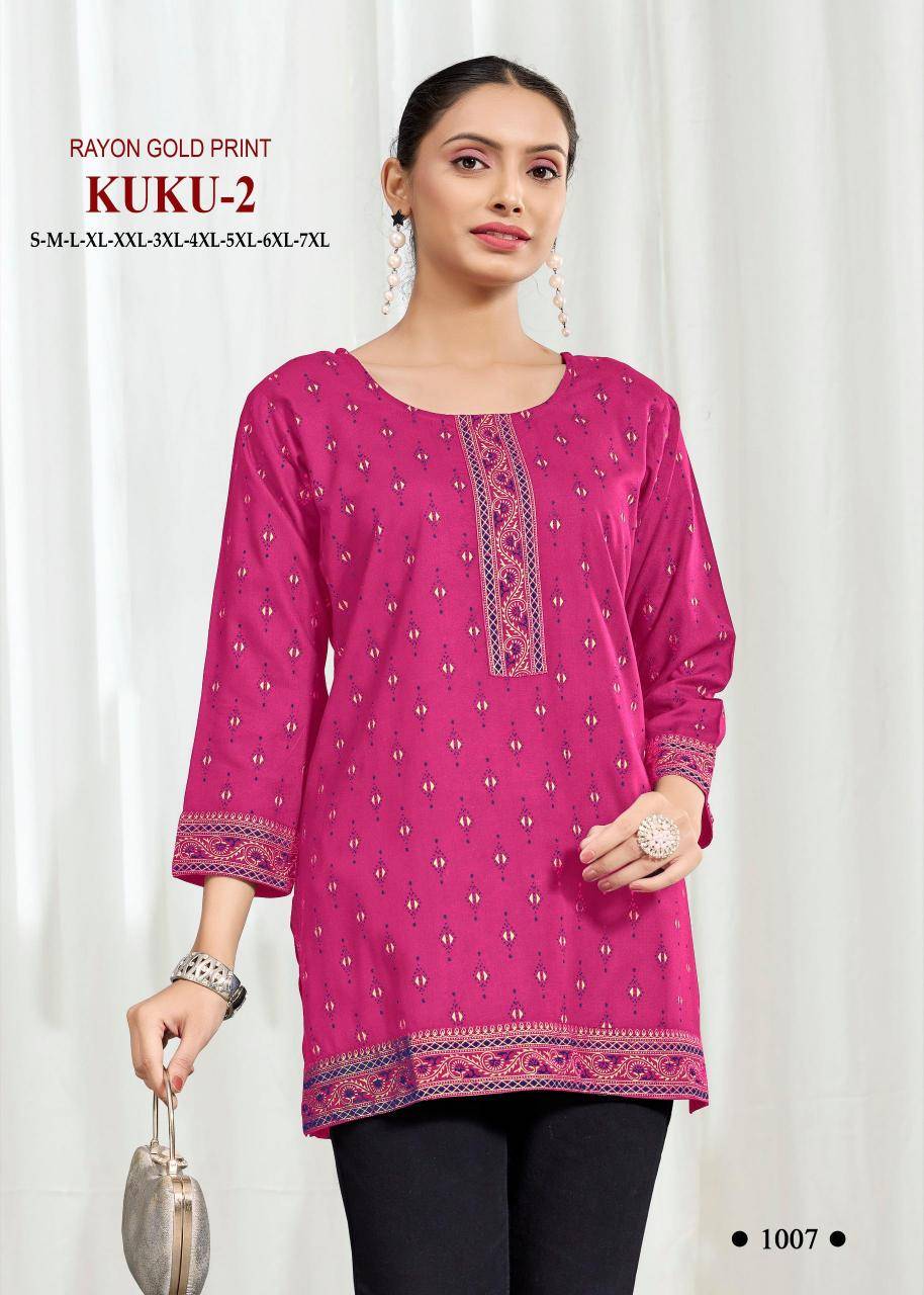 Kuku 2 rayon gold print Ladies kurtis wholesale market