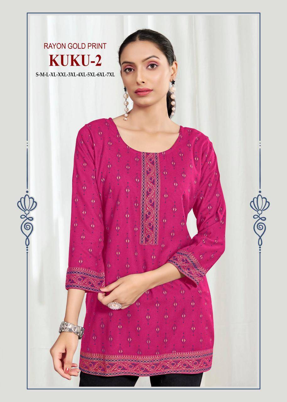 Kuku 2 rayon gold print Ladies kurtis wholesale market