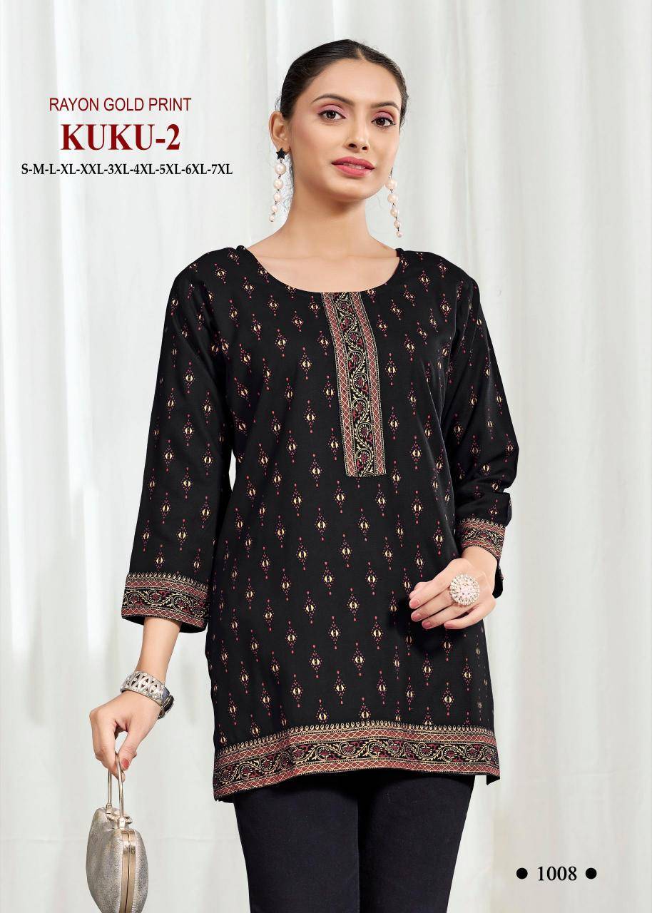Kuku 2 rayon gold print Ladies kurtis wholesale market