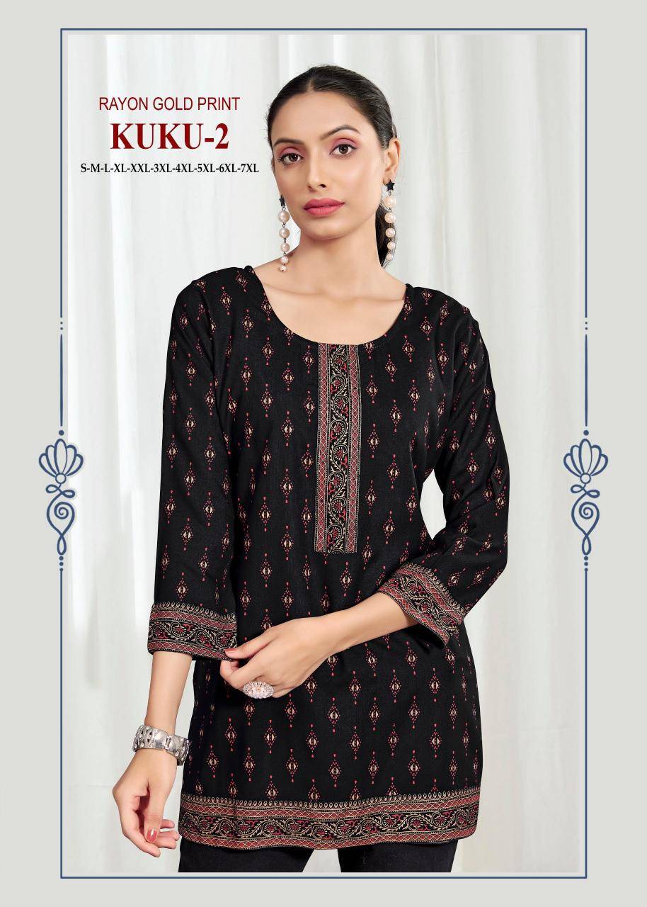 Kuku 2 rayon gold print Ladies kurtis wholesale market