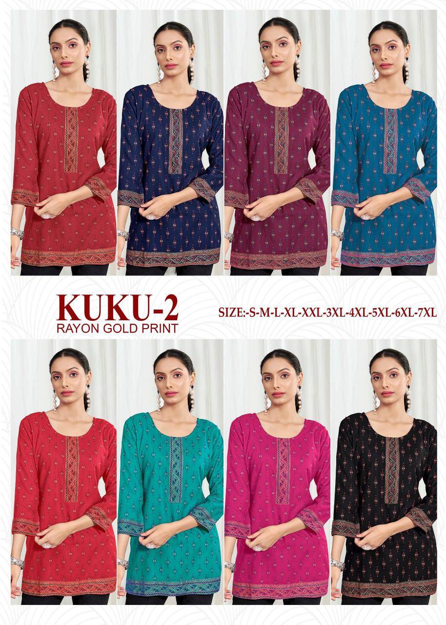 Kuku 2 rayon gold print Ladies kurtis wholesale market