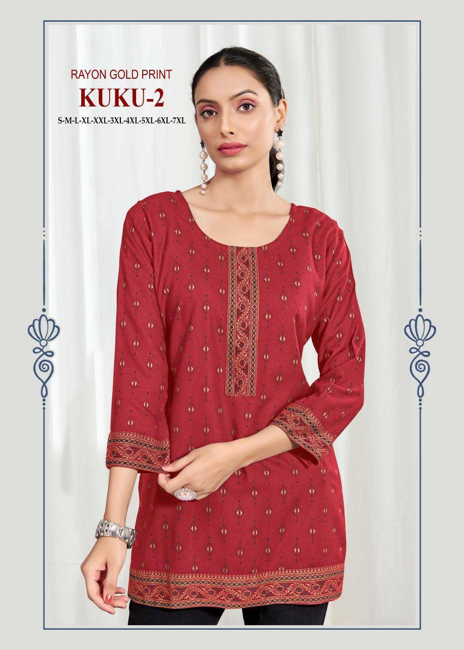Kuku 2 rayon gold print Ladies kurtis wholesale market