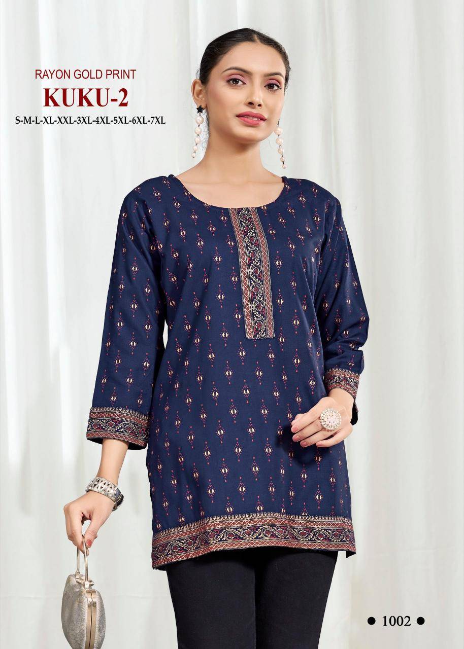 Kuku 2 rayon gold print Ladies kurtis wholesale market