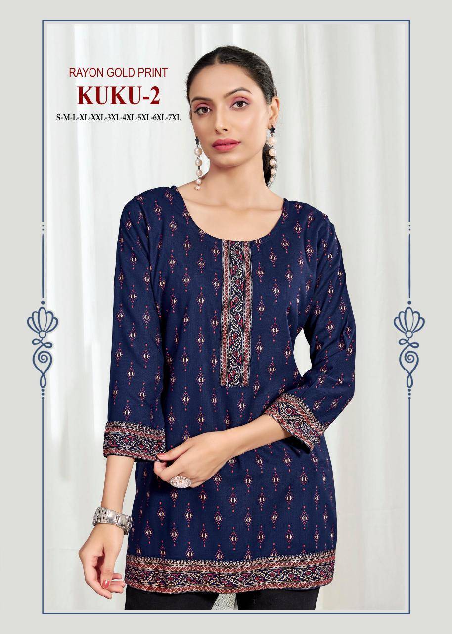 Kuku 2 rayon gold print Ladies kurtis wholesale market