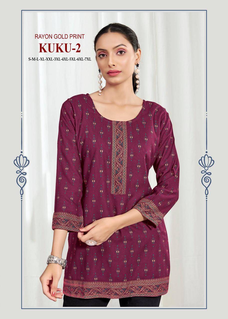 Kuku 2 rayon gold print Ladies kurtis wholesale market