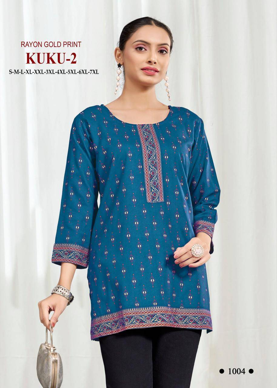 Kuku 2 rayon gold print Ladies kurtis wholesale market