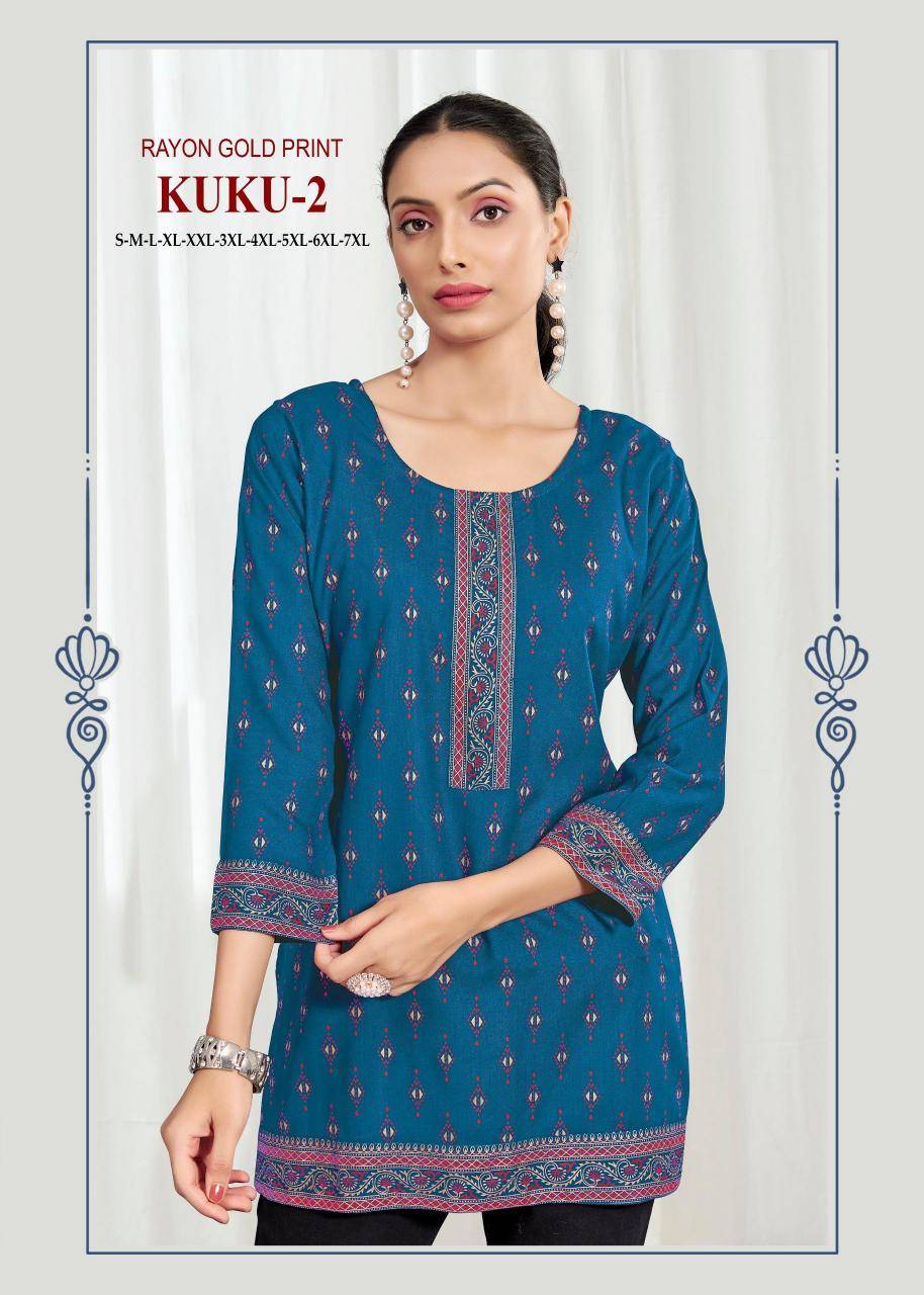 Kuku 2 rayon gold print Ladies kurtis wholesale market