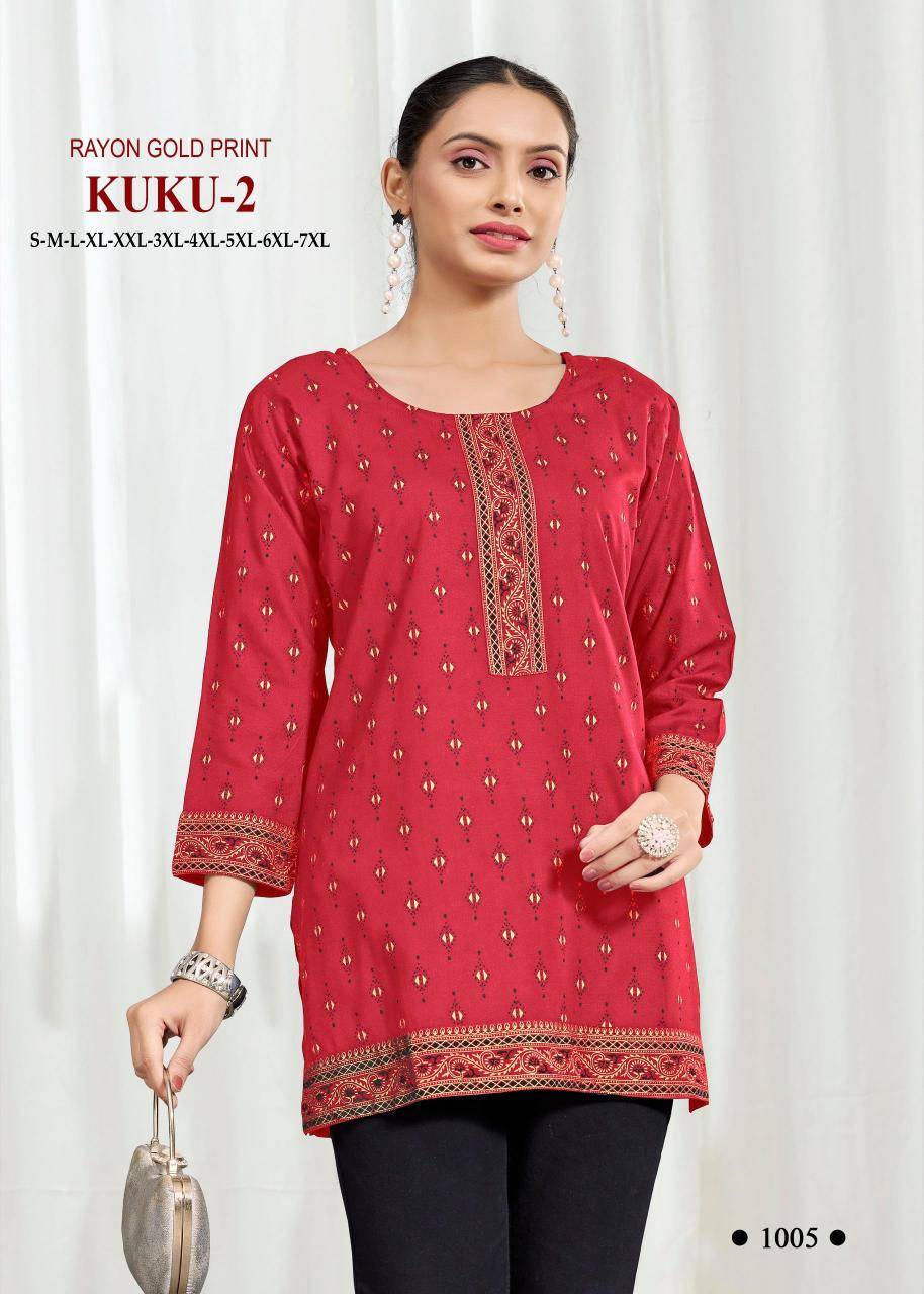 Kuku 2 rayon gold print Ladies kurtis wholesale market
