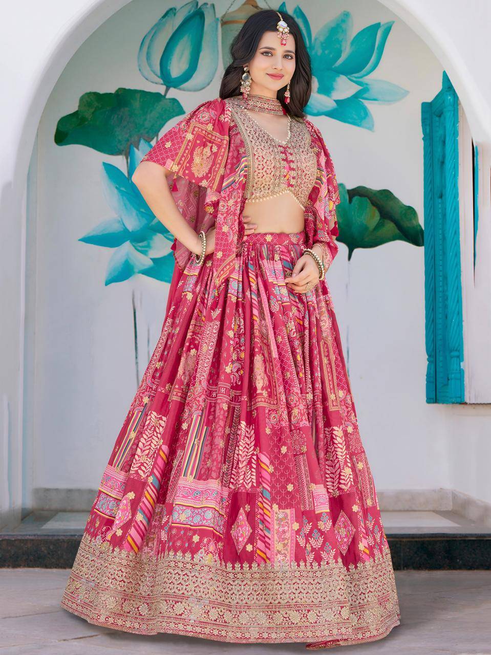 Multicolor Chinnon Silk Pink Latest lehenga choli designs