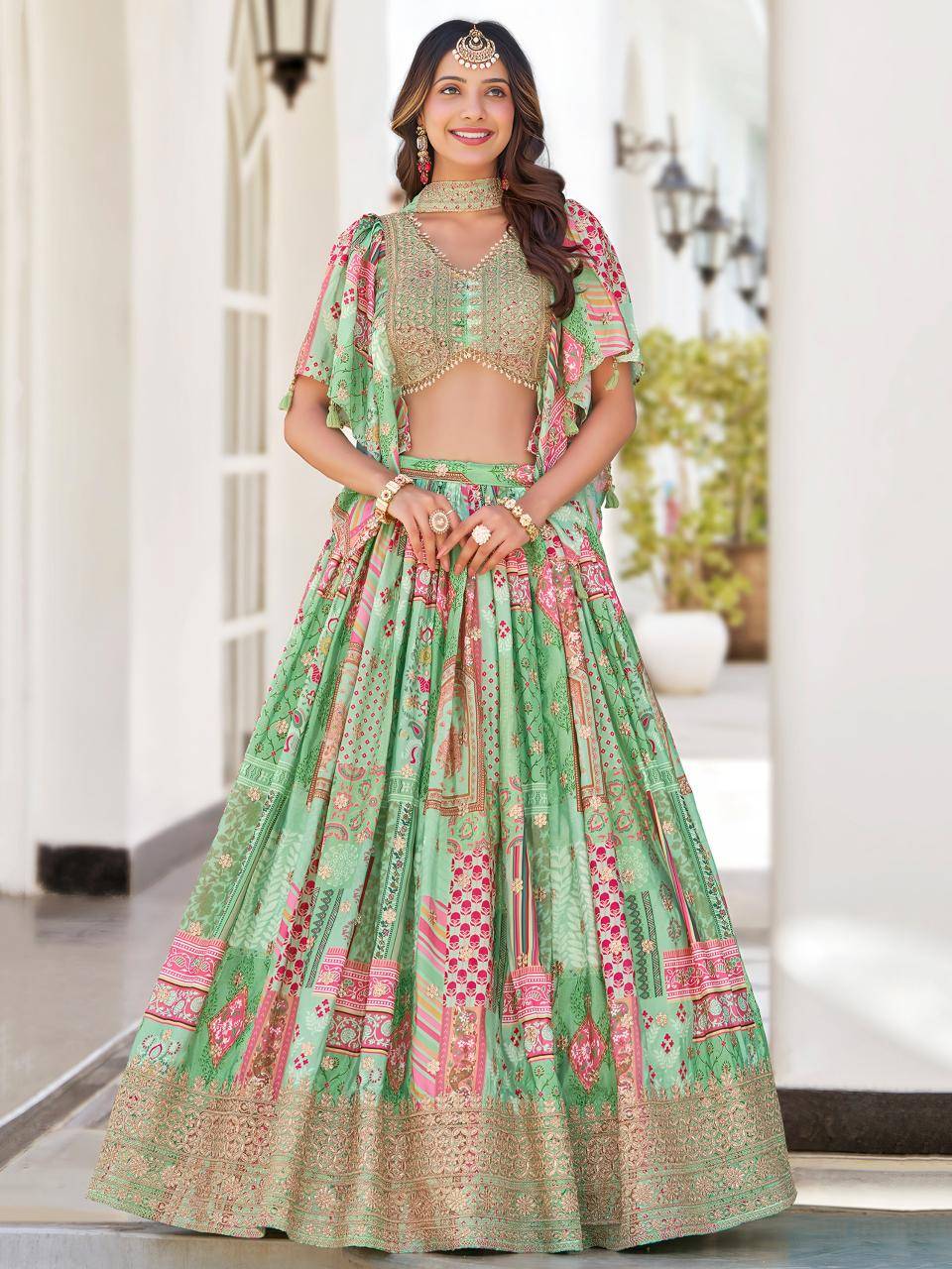 Multicolor Chinnon Silk Green Lehenga choli for wedding guest